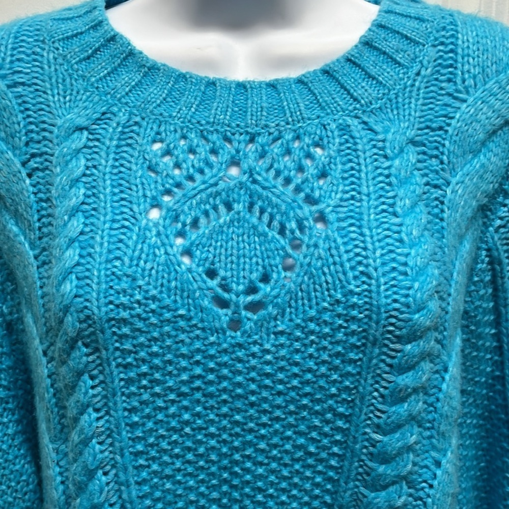 Talbots Turquoise Blue Cable Knit Pointelle Puff Sleeve Sweater - XL Petite - Picture 4 of 10